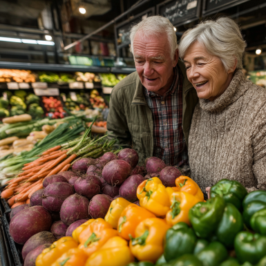 Здорова літня пара готує разом